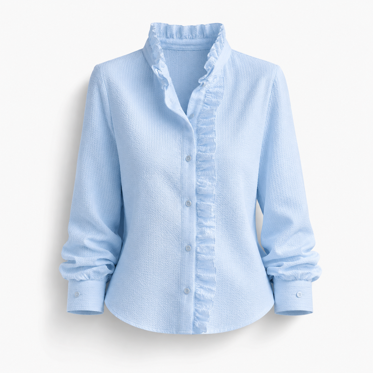 Ruffle Front Blouse – Long Sleeve High Neck Button Shirt