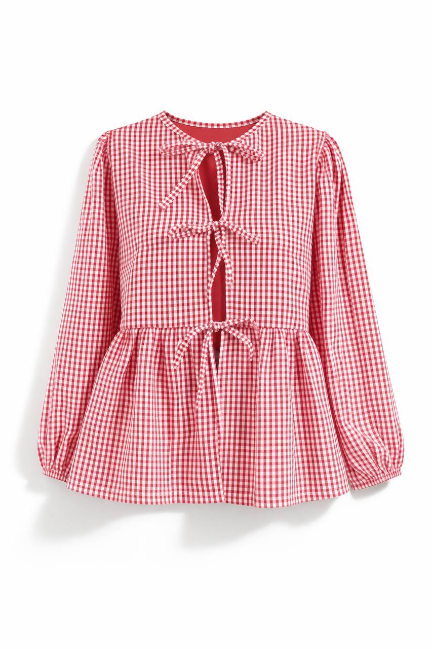 Striped Tie Front Blouse – Long Sleeve Peplum Top with Bow Details and Relaxed Fit