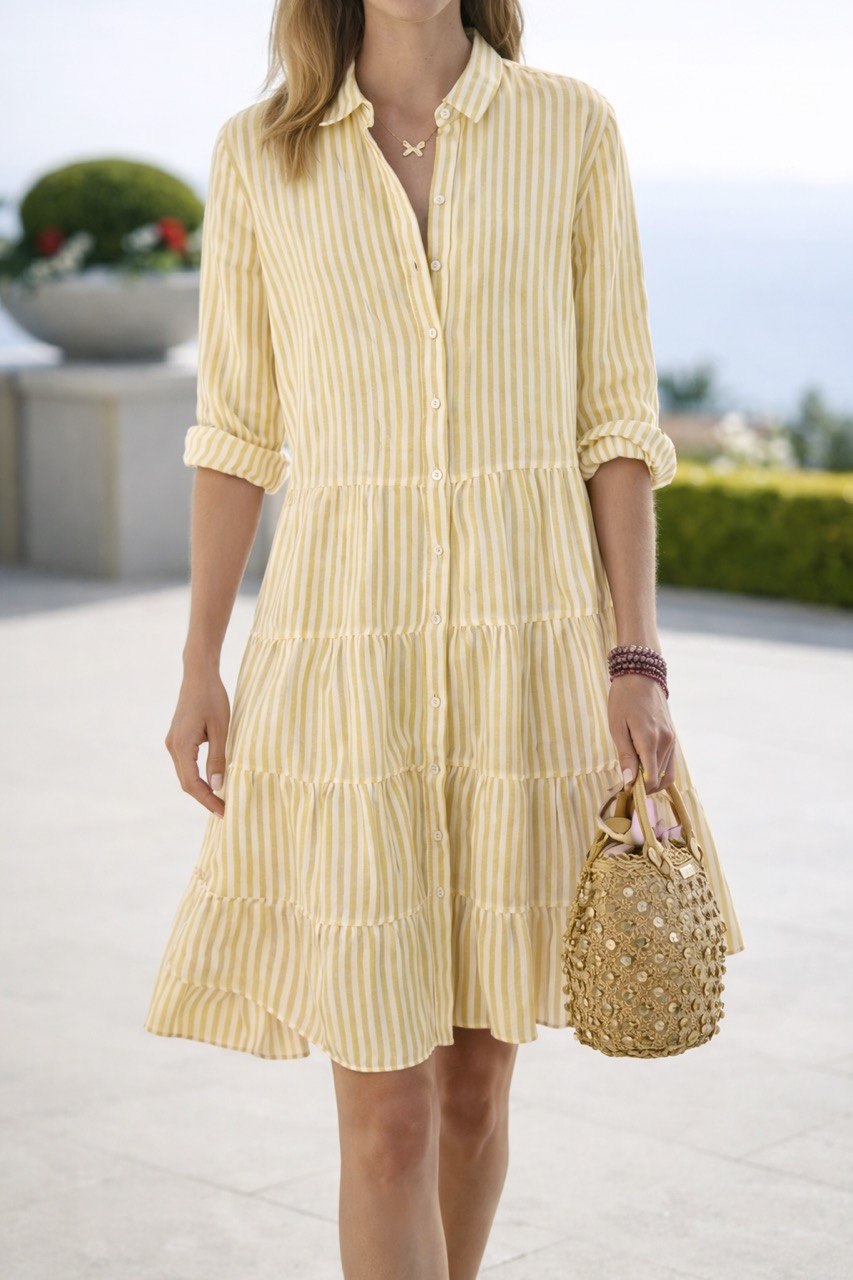 Striped Button Down Shirt Dress – Long Sleeve Tiered Midi Dress