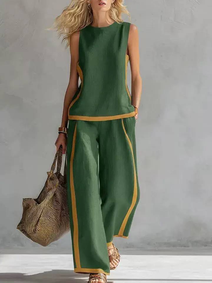 Women's Linen Sleeveless Wide Leg Two Piece Set