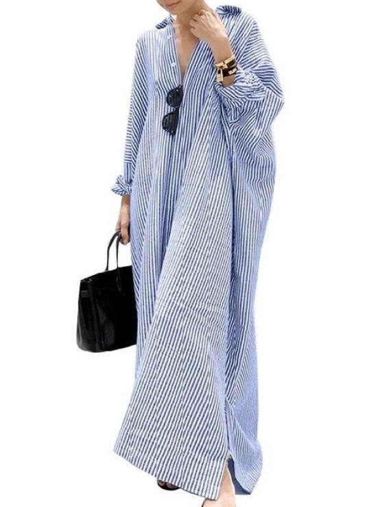 Women's Long Sleeve Oversized Stripe Shirt Maxi Dress
