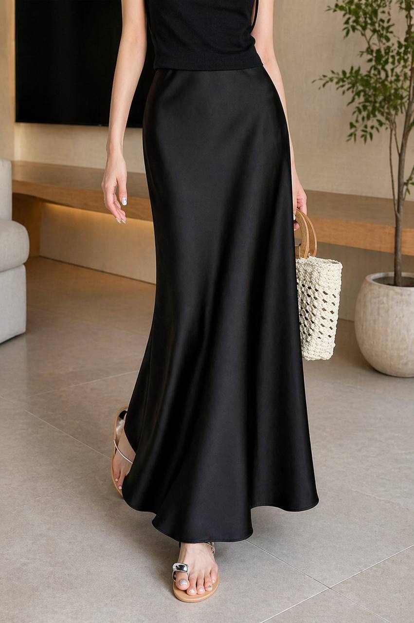 High Waist Satin Maxi Skirt – Elegant A-Line Fit
