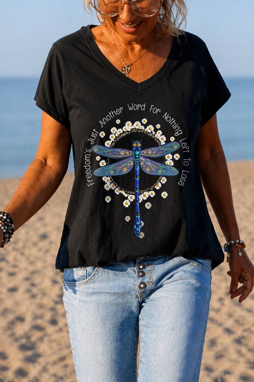 Women's Dragonfly Graphic V-Neck Relaxed T-Shirt