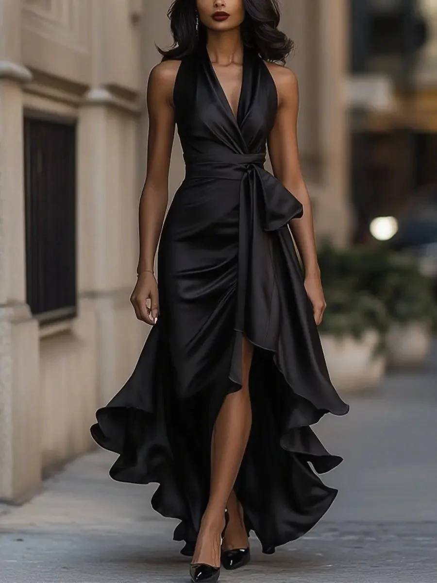 Women's Satin Halter Sleeveless Wrap Maxi Dress