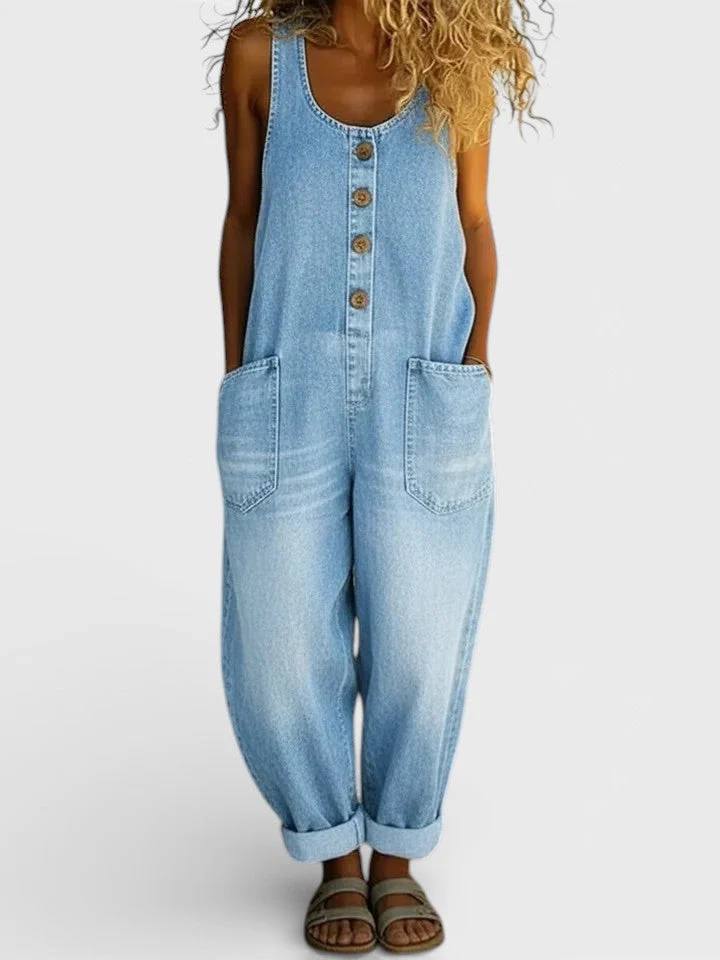 Women's Button Front Wide Leg Denim Jumpsuit