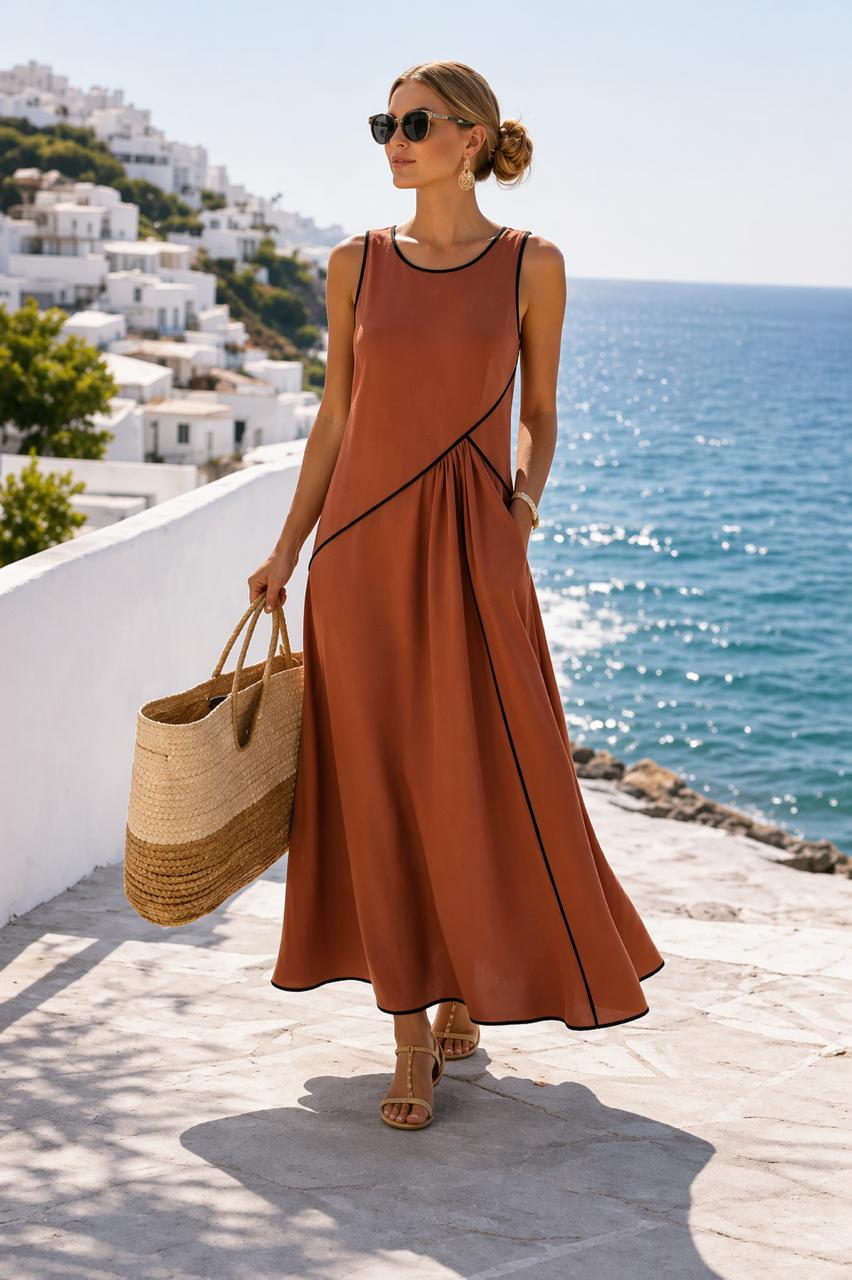 Women's Maxi Contrast Trim Sleeveless A-Line Dress