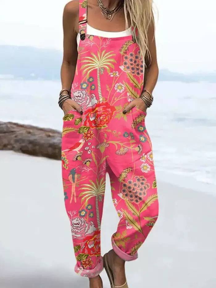 Women's Tropical Print Pocket Dungaree Jumpsuit