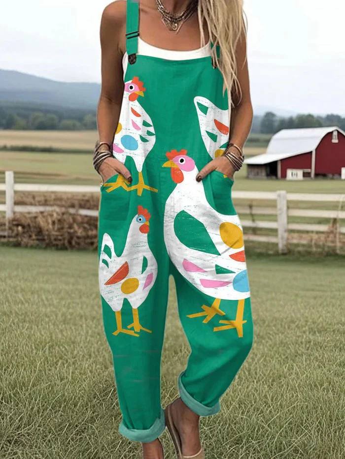 Women's Farm Print Pocket Dungaree Jumpsuit