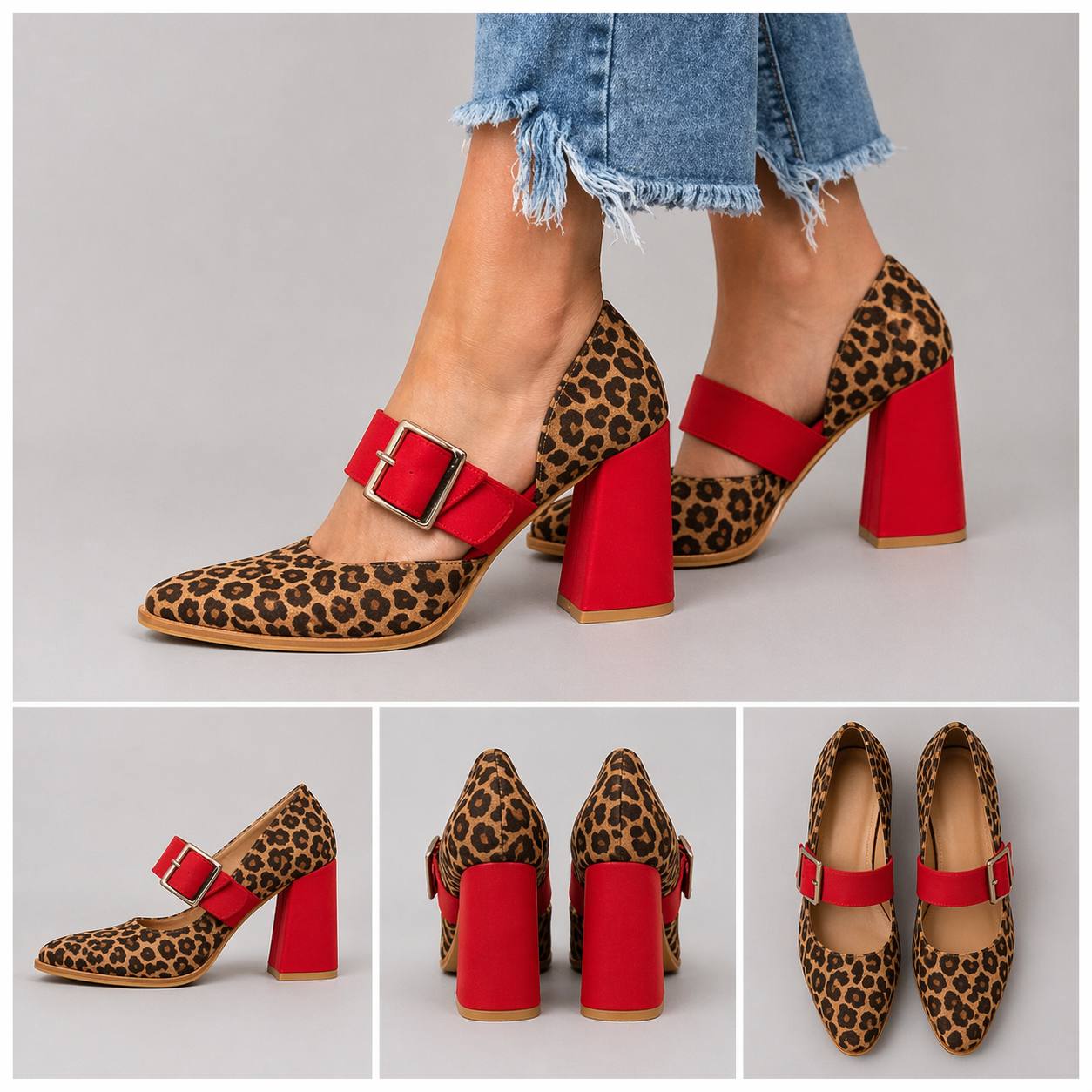 Women's Leopard Print Buckle Block Heels