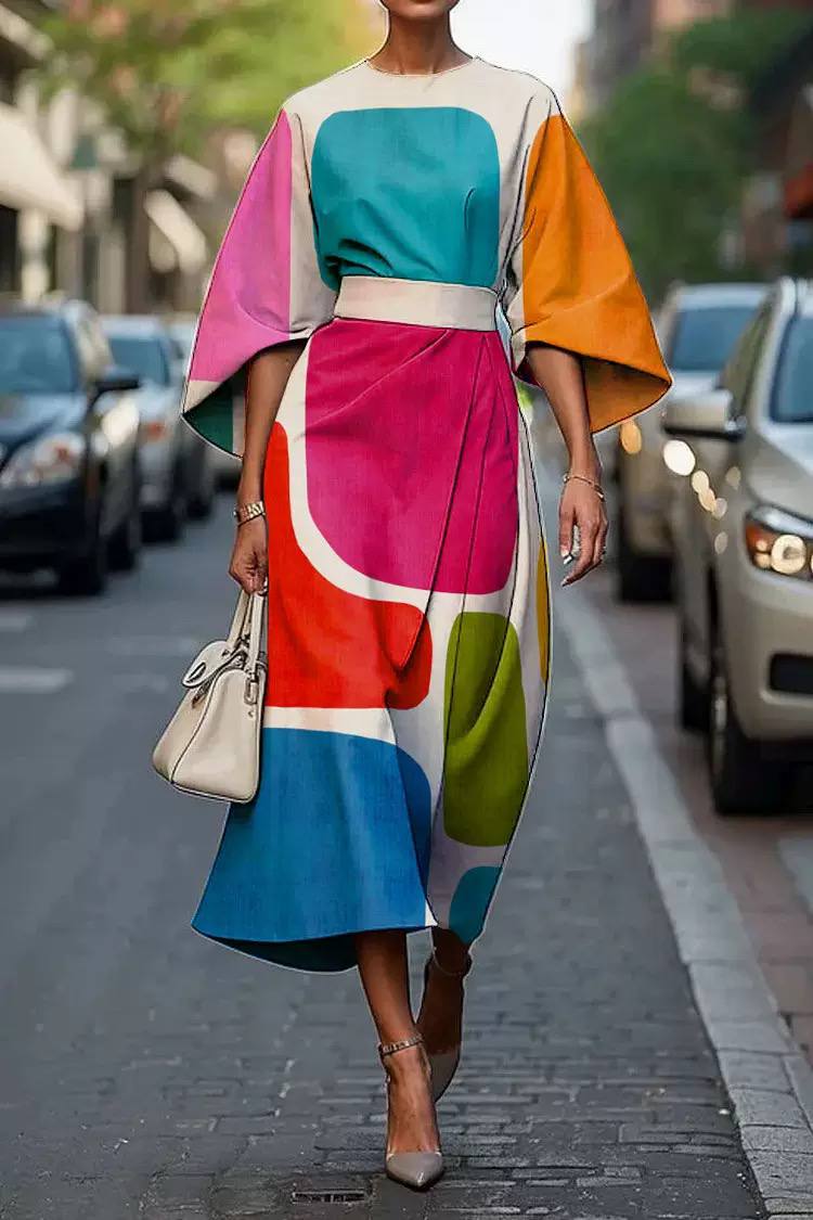Abstract Print Midi Dress - Relaxed Fit & Statement Design