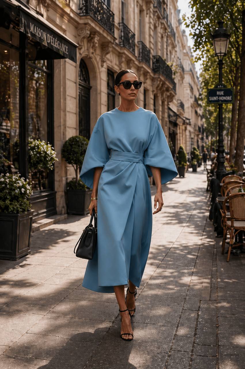Statement Sleeve Belted Midi Dress