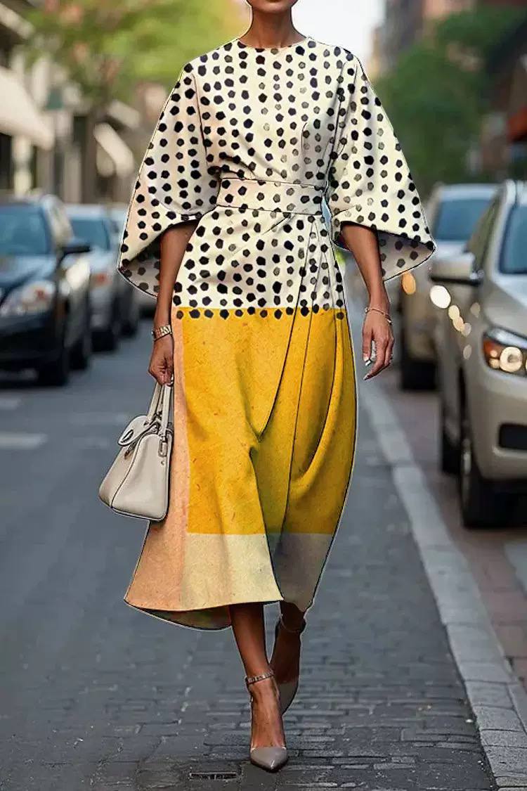 Polka Dot Colour-Block Midi Dress – Elegant Statement Sleeve Dress