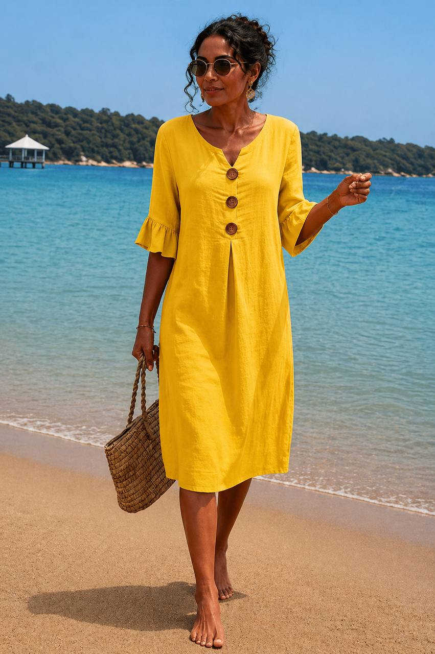 Women's Casual Linen Button Front Midi Dress