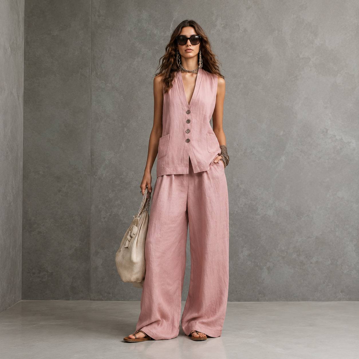 Women's Sleeveless Waistcoat Wide Leg Set