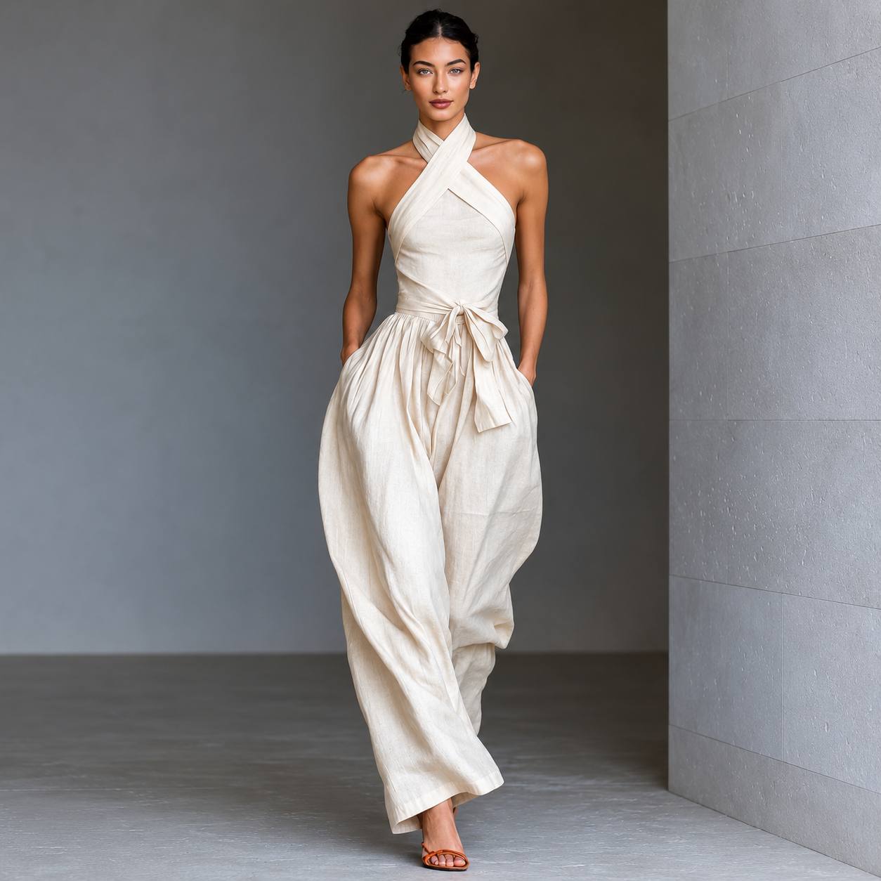 Women's Halter Neck Tie Waist Jumpsuit