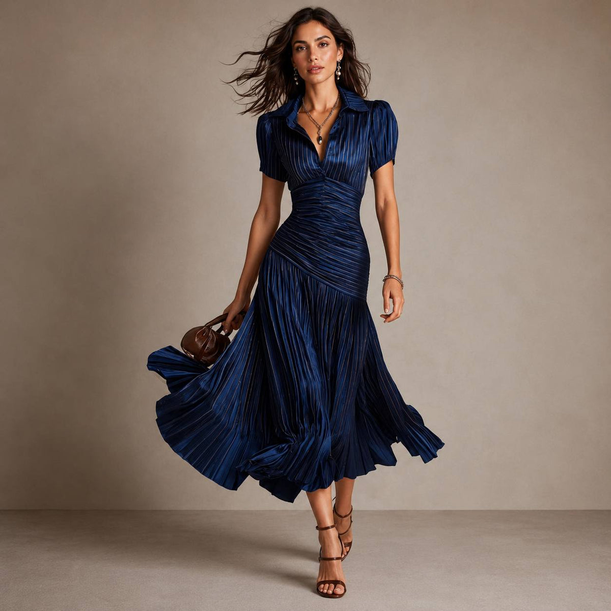 Women's Ruched Pleated Midi Dress