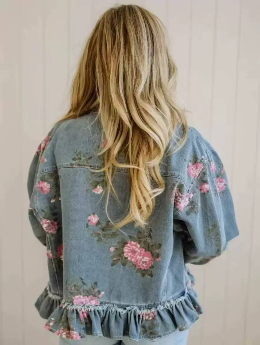 Women's Floral Ruffle Hem Denim Jacket