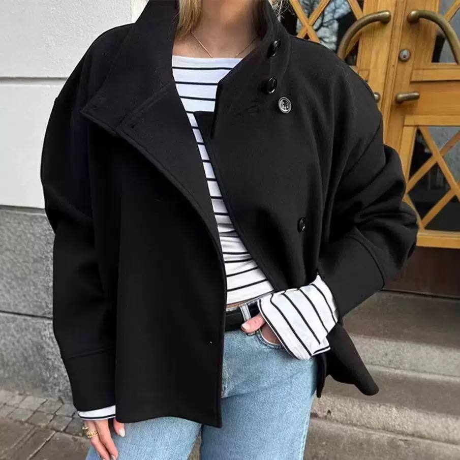 High-Neck Wool Jacket – Button-Front Stand Collar Coat with Relaxed Fit