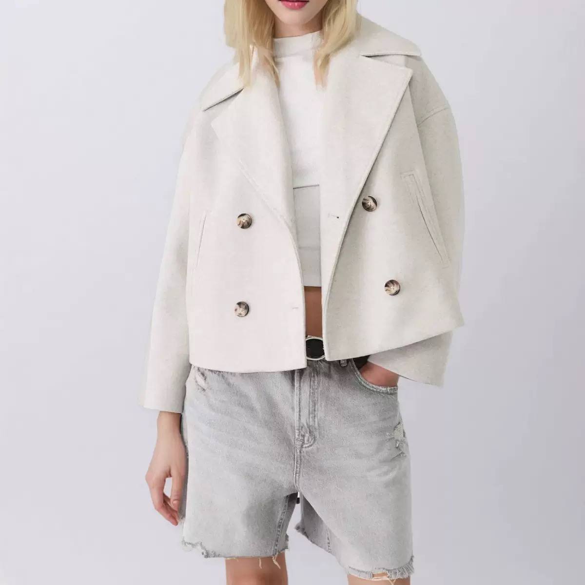 Double-Breasted Wool Jacket – Cropped Notched-Lapel Coat with Front Pockets