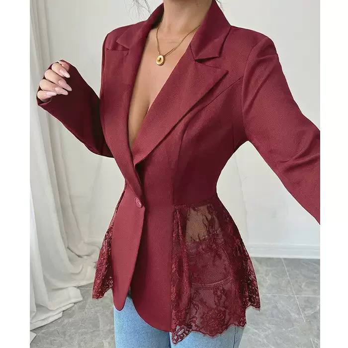 Lace Panel Blazer – Tailored Long Sleeve Blazer with Lace Detail