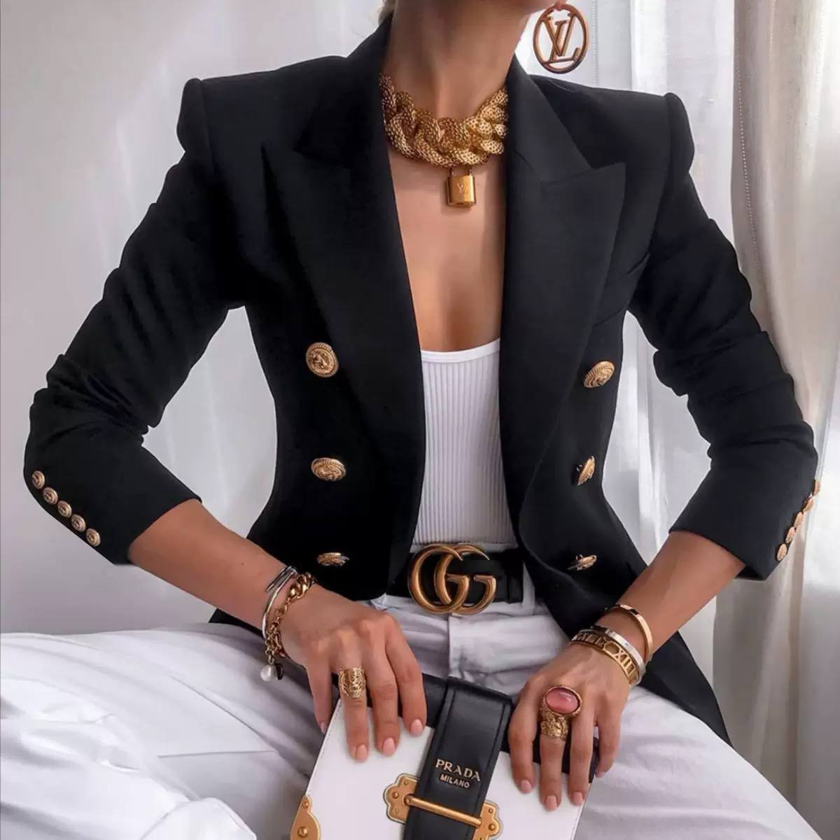 Double Breasted Tailored Cotton Blazer - elegant gold buttons