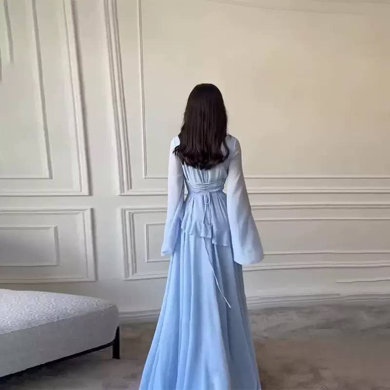 Chiffon Ruffle Tie Back Maxi Dress - Flared Sleeves