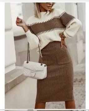 Color Block Rib Knit Two-Piece Set – Striped Sweater & Ribbed Midi Skirt