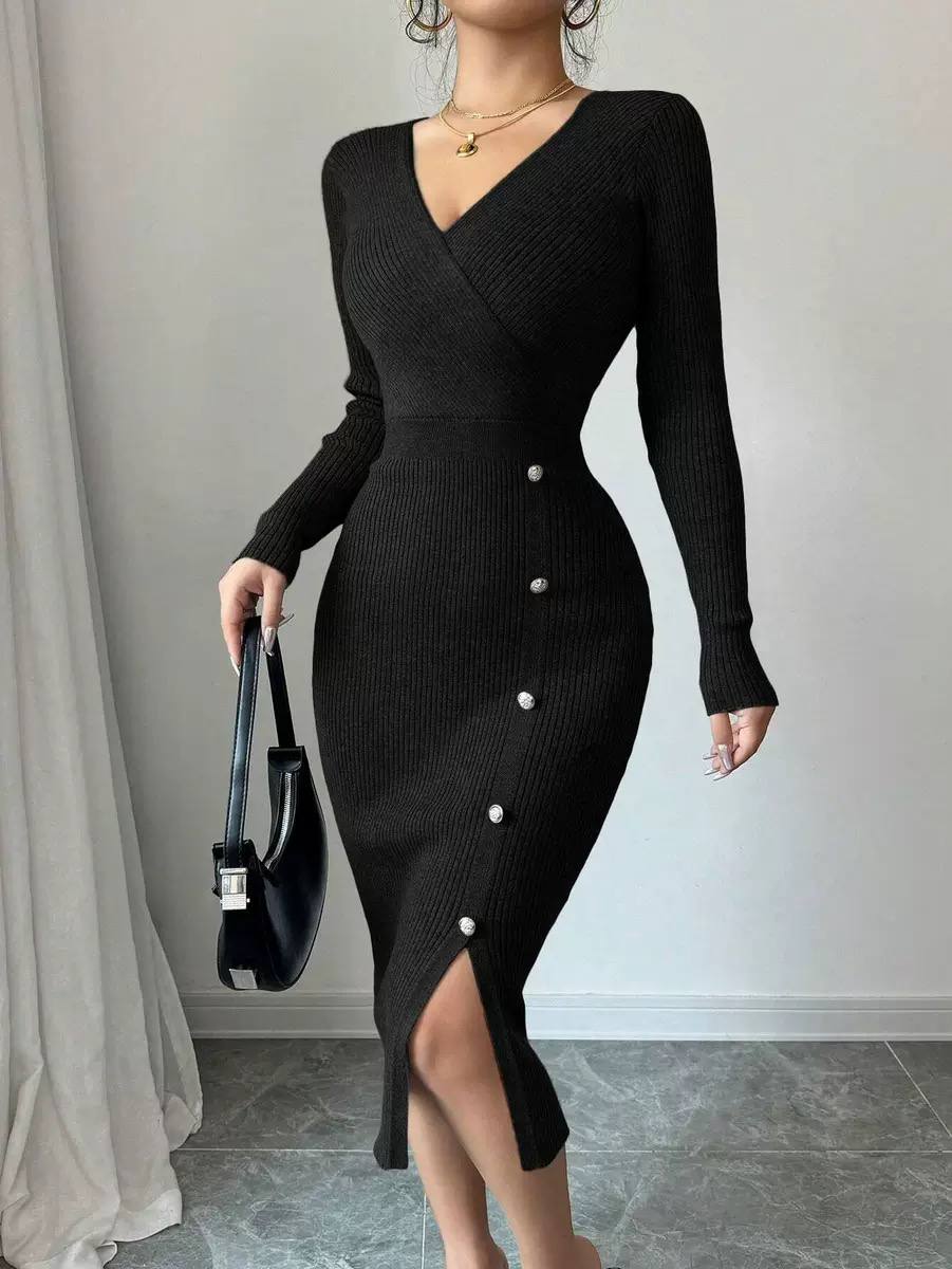 Rib Knit Midi Dress with Button-Down Detail and Side Slit