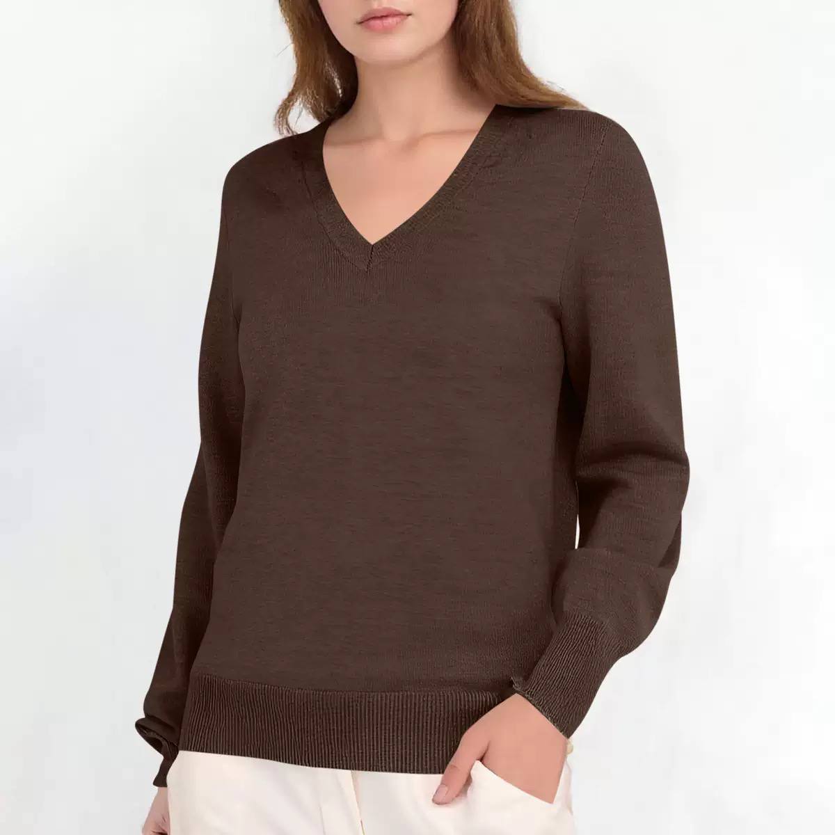 V-Neck Knit Sweater - Classic Regular Fit Ribbed Neckline