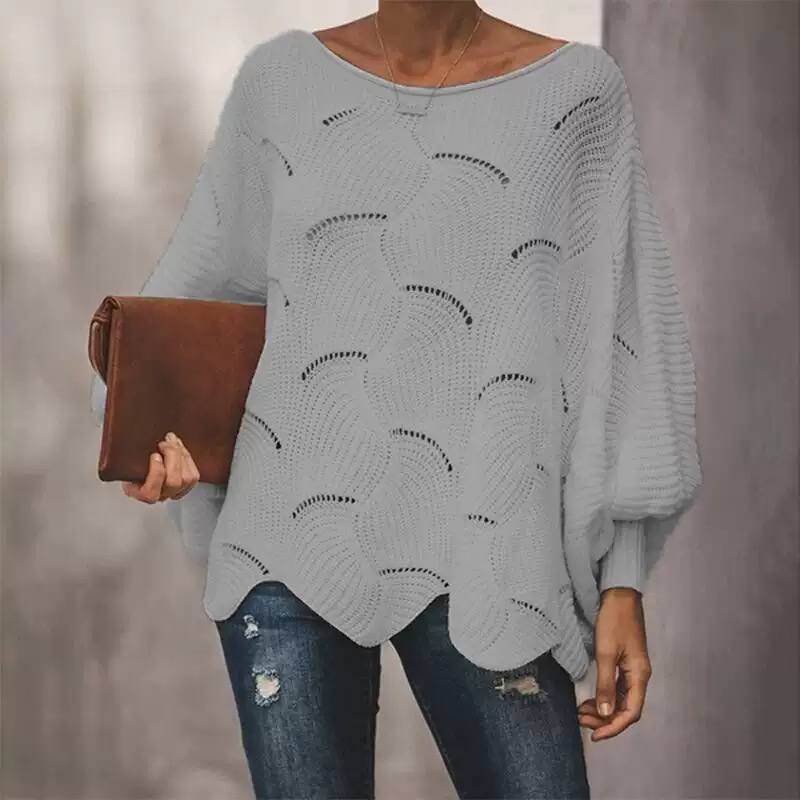 Scallop Hem Open Knit Oversized Sweater - Round Neck