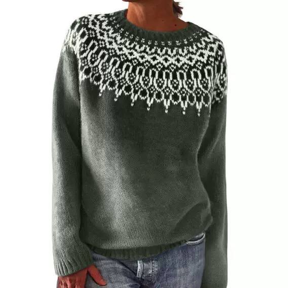 Fair Isle Crew Neck Knit Sweater - Long Sleeves Ribbed Cuffs and Hem