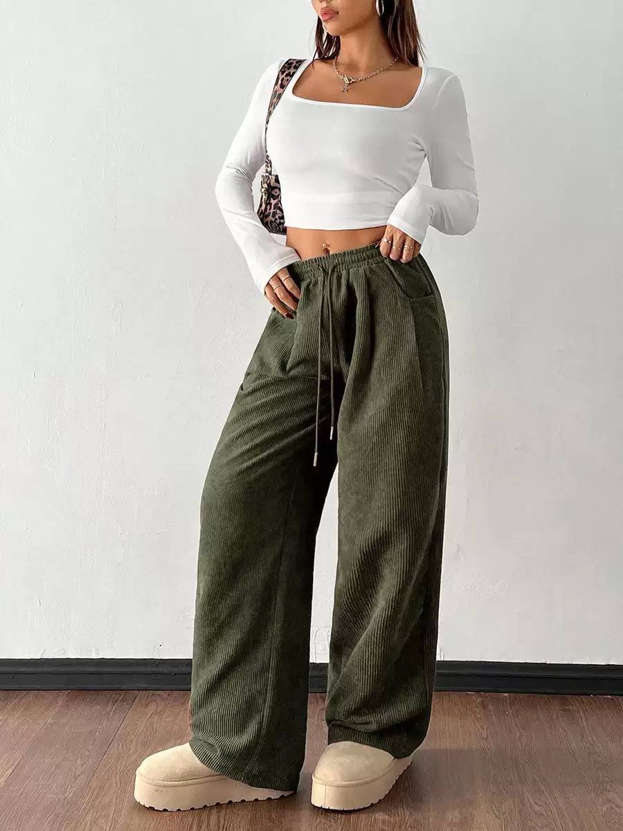 Women's Drawstring Wide-Leg Corduroy Trousers – Olive