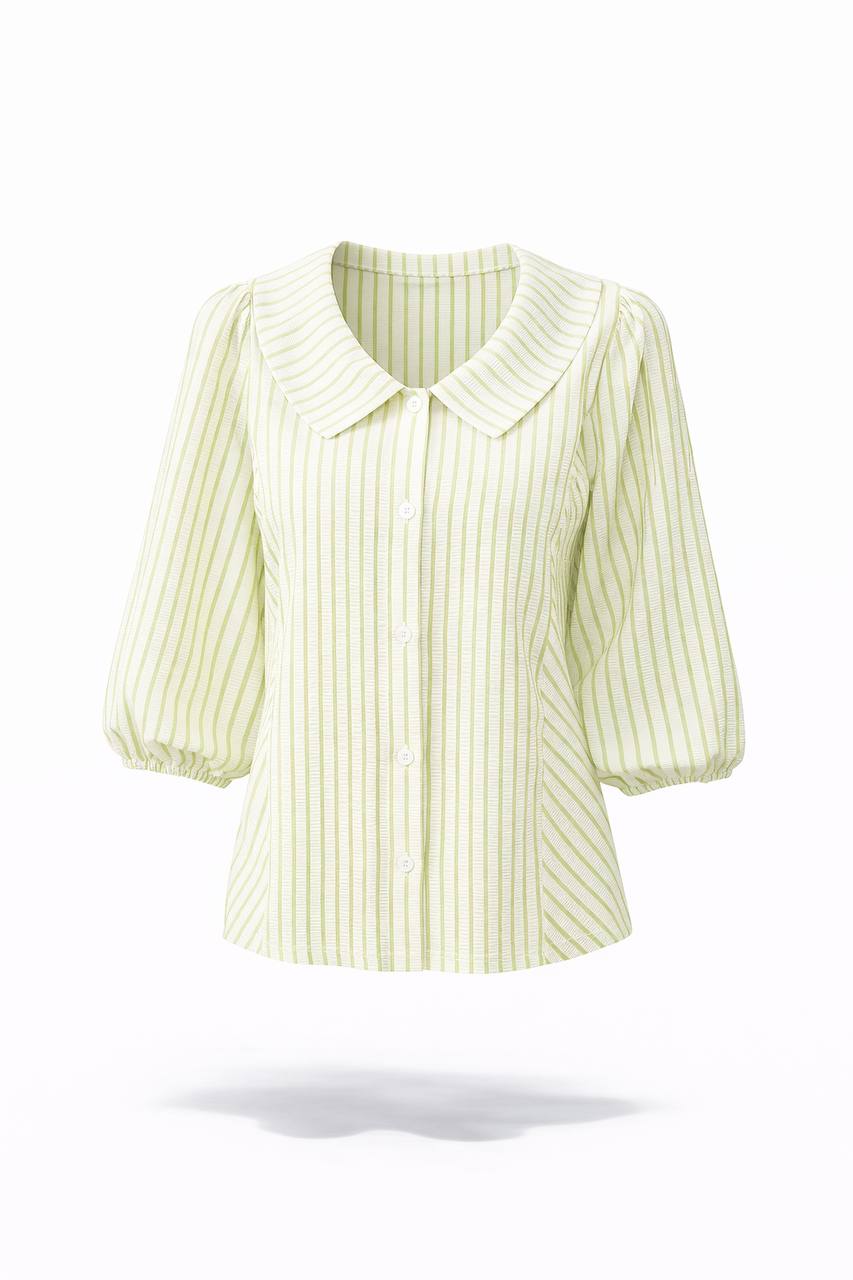 Striped Peter Pan Collar Blouse – 3/4 Sleeve Button Front