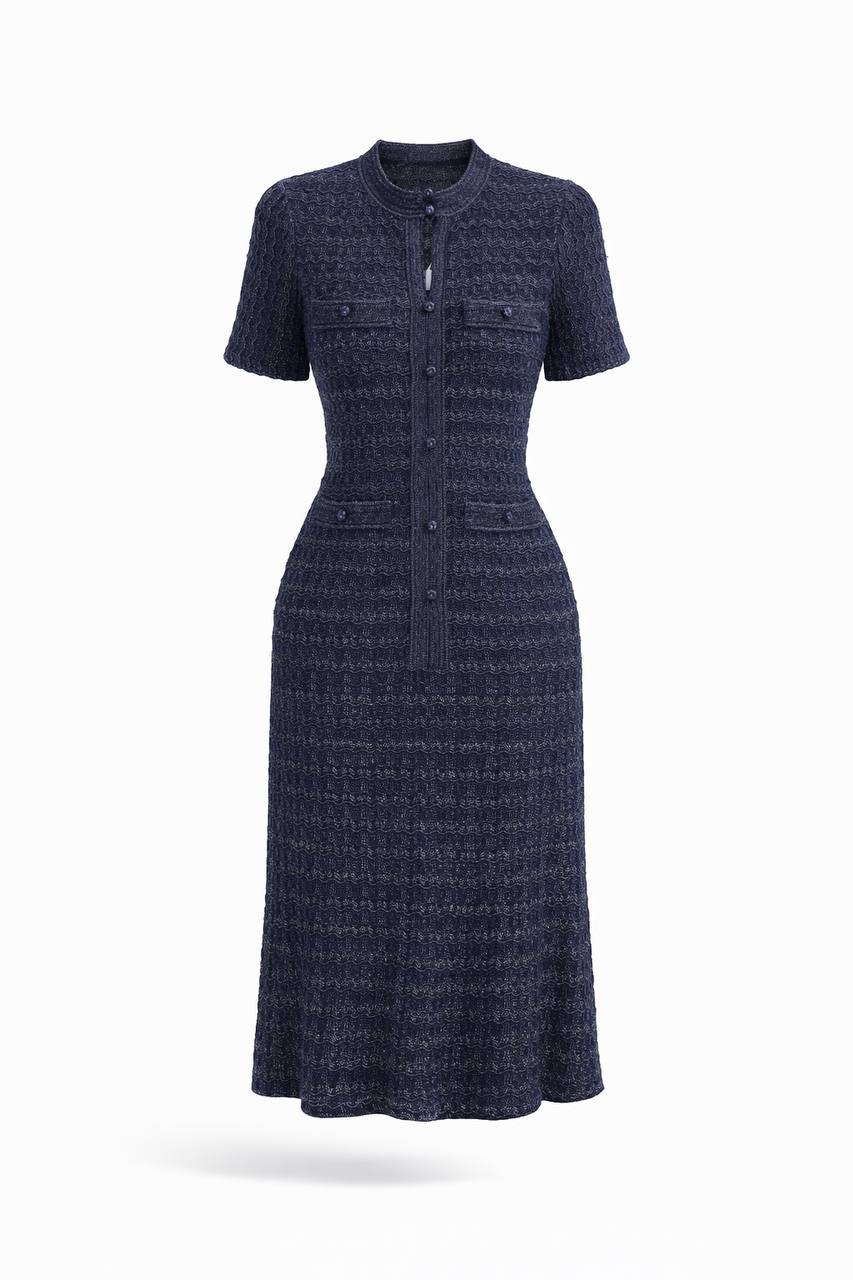 Short Sleeve Knit Midi Dress – Textured Ribbed Fabric and Functional Chest Pockets