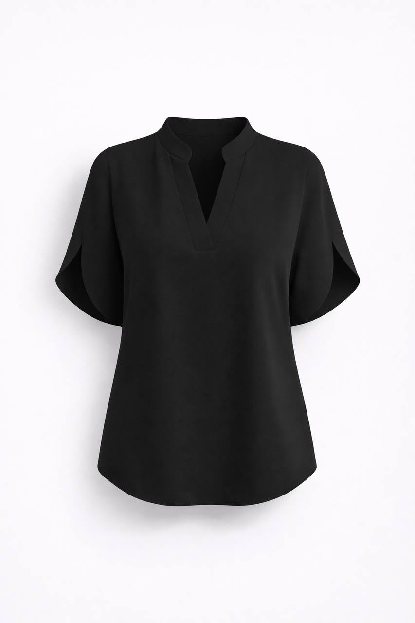 Chiffon V Neck Blouse - Split Sleeve Relaxed Fit Top
