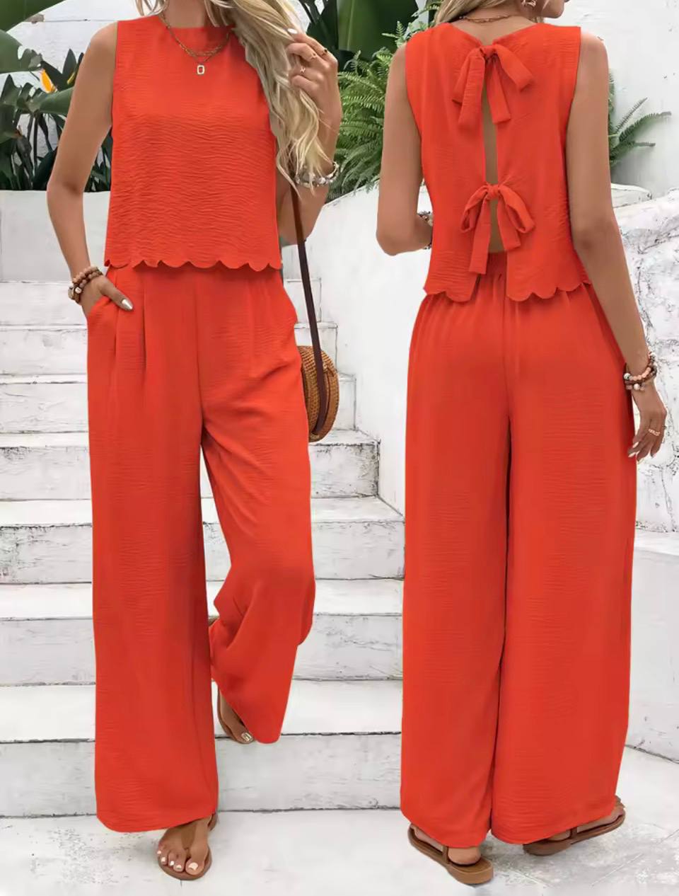 Sleeveless Open Back Bow Tie Wide Leg Two Piece Set