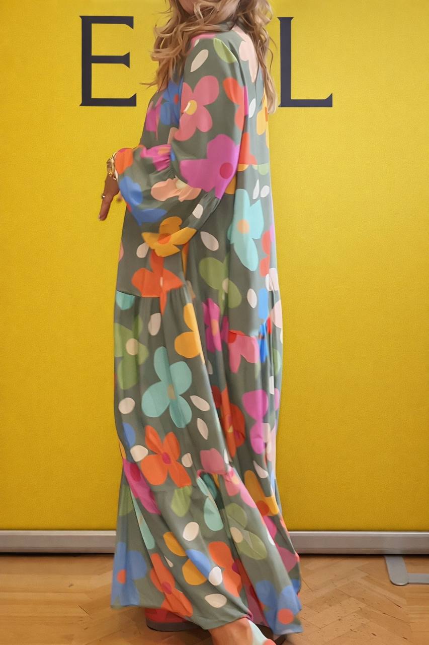 Floral Print Maxi Dress – Long Sleeve Loose Fit Dress with Tiered Skirt