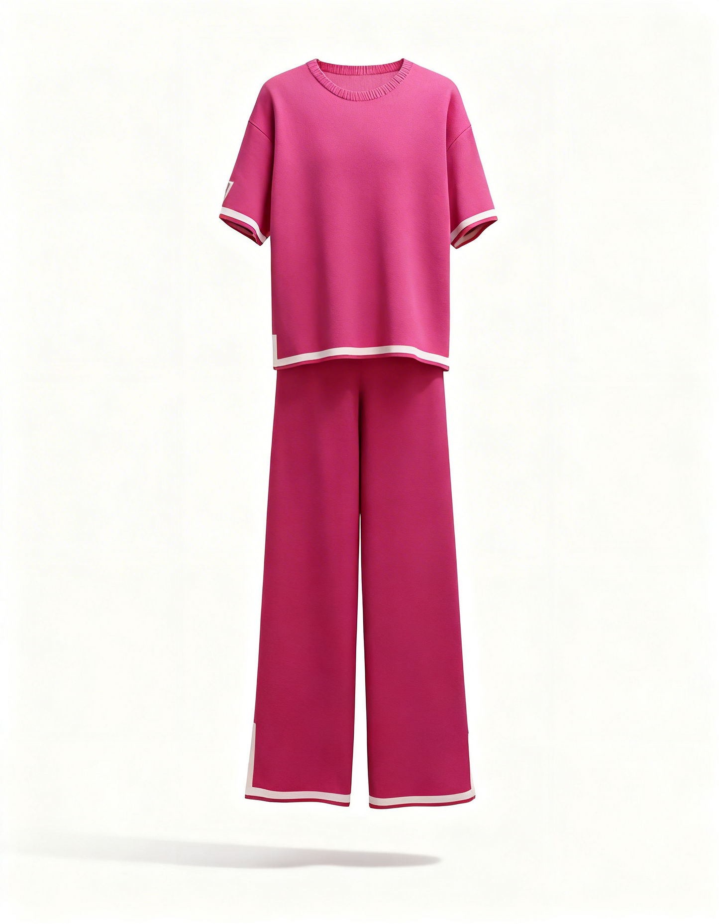 Two Piece Lounge Set – Short Sleeve Top and Wide Leg Trousers with Contrast Trim