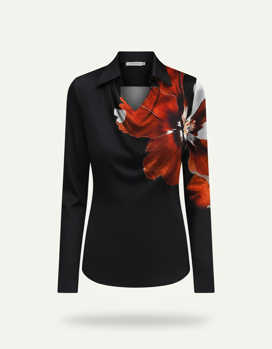Floral Print Long Sleeve Blouse – Collared V-Neck Top with Draped Front Detail