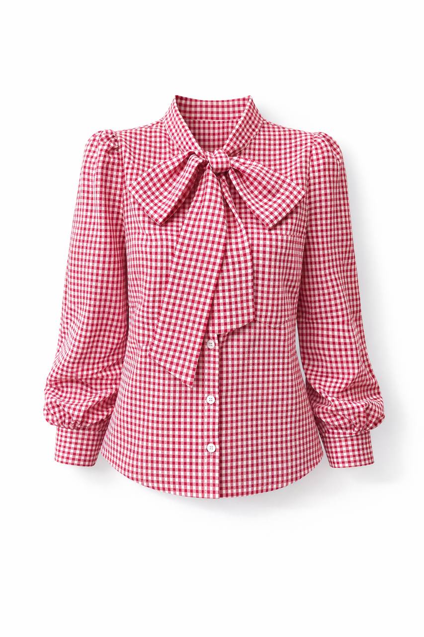Gingham Bow Blouse – Long Sleeve Button Front Shirt