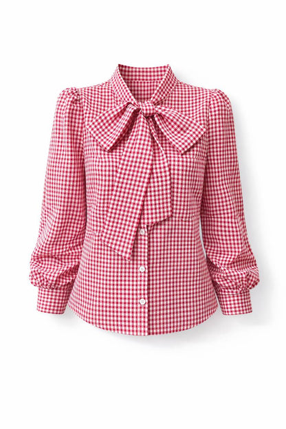 Gingham Bow Blouse – Long Sleeve Button Front Shirt