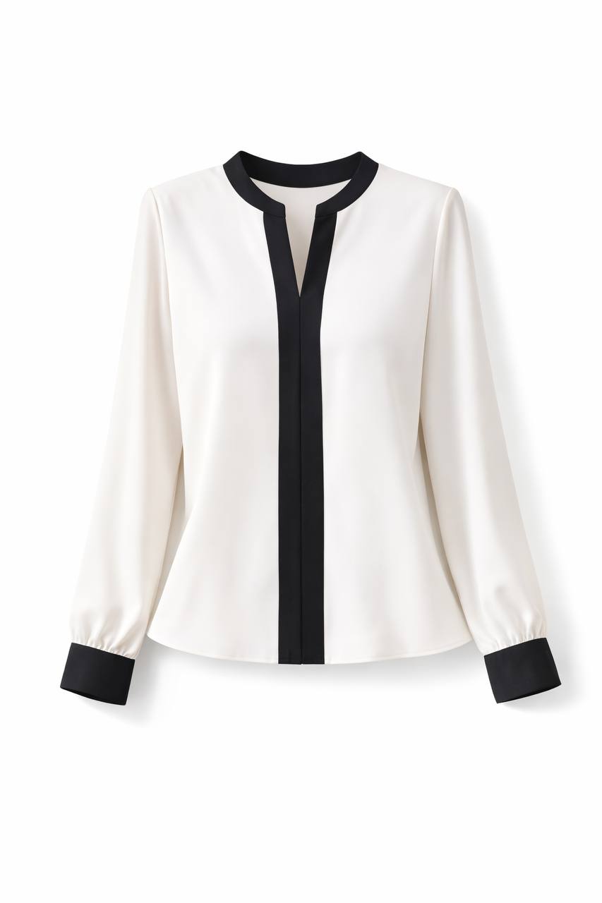 Elegant Contrast Trim Blouse – Long Sleeve V-Neck Shirt
