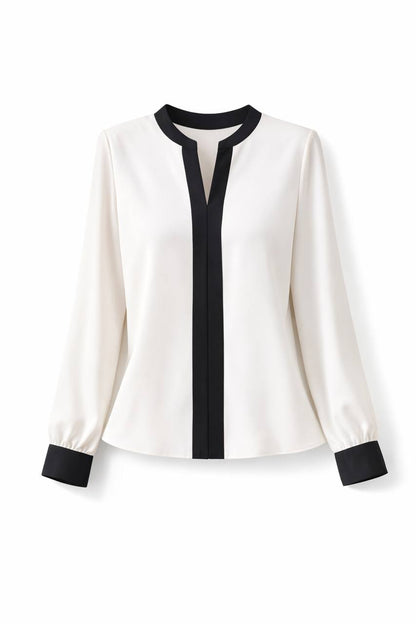Elegant Contrast Trim Blouse – Long Sleeve V-Neck Shirt