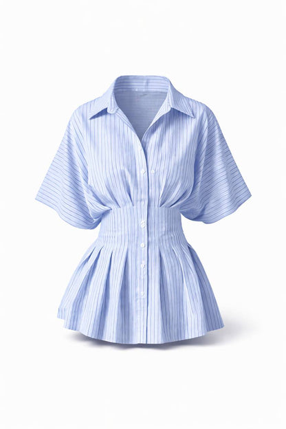 Striped Button Down Blouse – Short Sleeve Smocked Waist