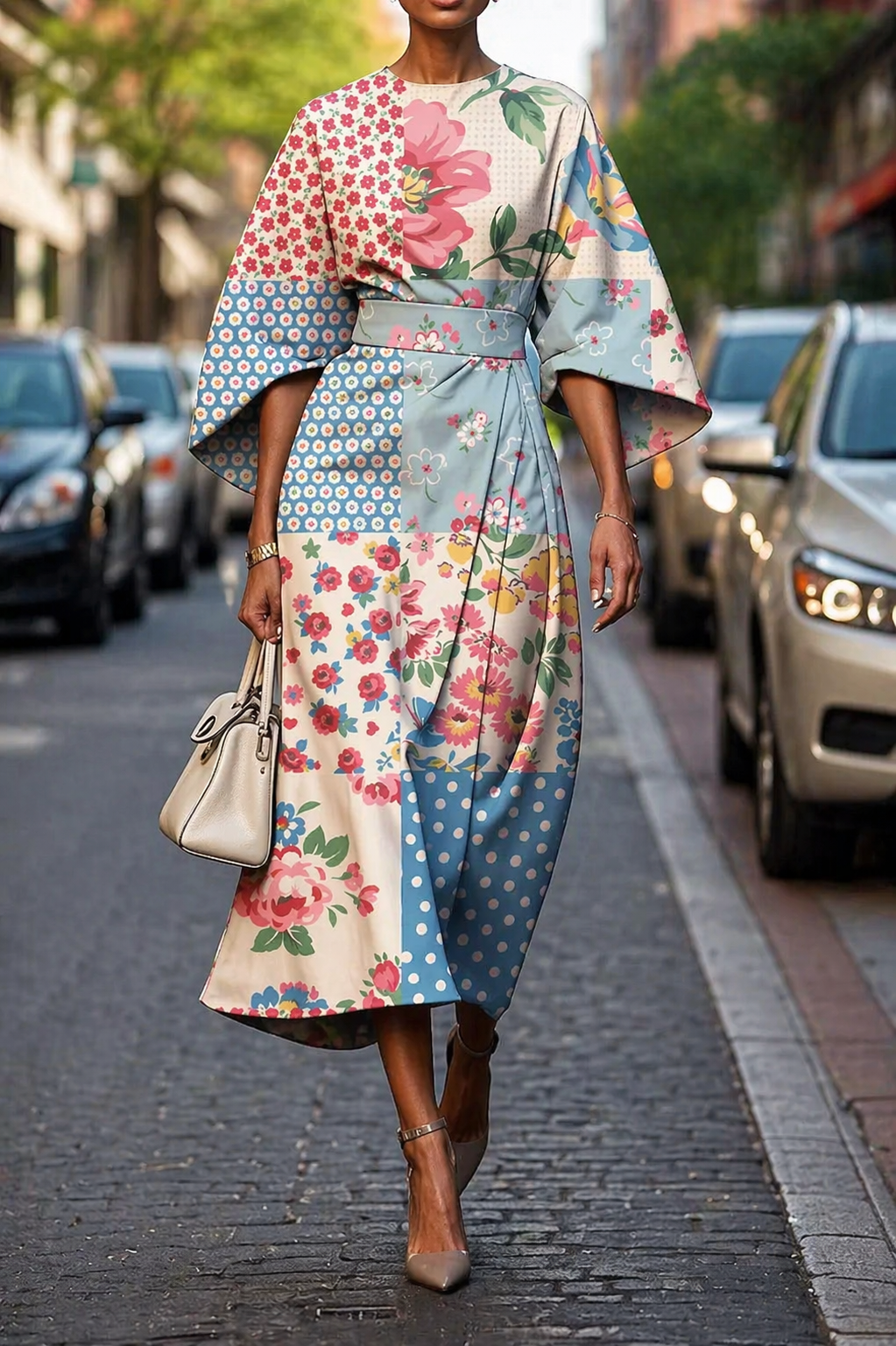 Floral Puff Sleeve Belted Midi Dress -  Tie Waist A-Line Dress with Round Neck