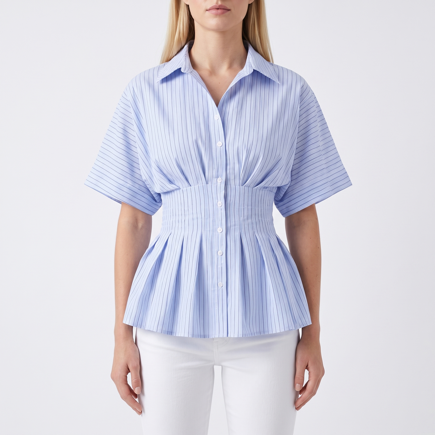 Striped Button Down Blouse – Short Sleeve Smocked Waist