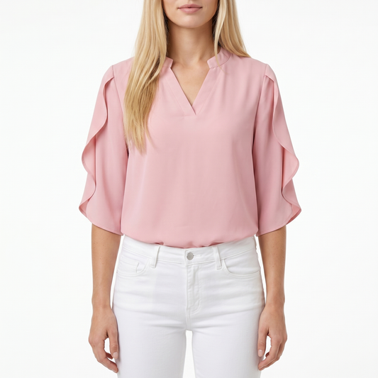 Chiffon Style V-Neck Blouse - 3/4 Sleeve Flared Design