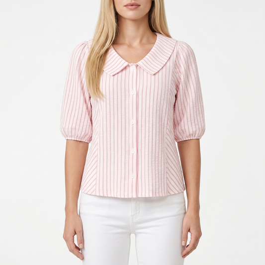 Striped Peter Pan Collar Blouse – 3/4 Sleeve Button Front