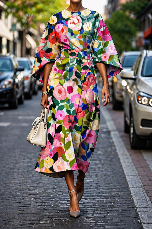 Floral Puff Sleeve Belted Midi Dress -  Tie Waist A-Line Dress with Round Neck