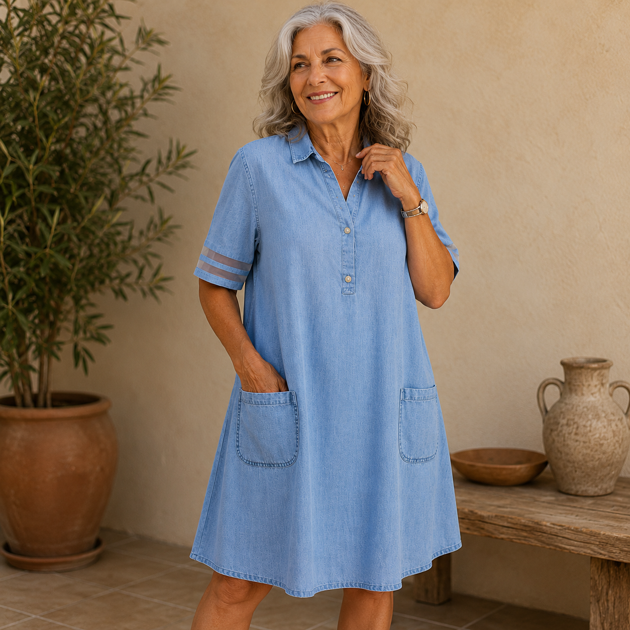 Women's Denim Look Pocket Shift Dress